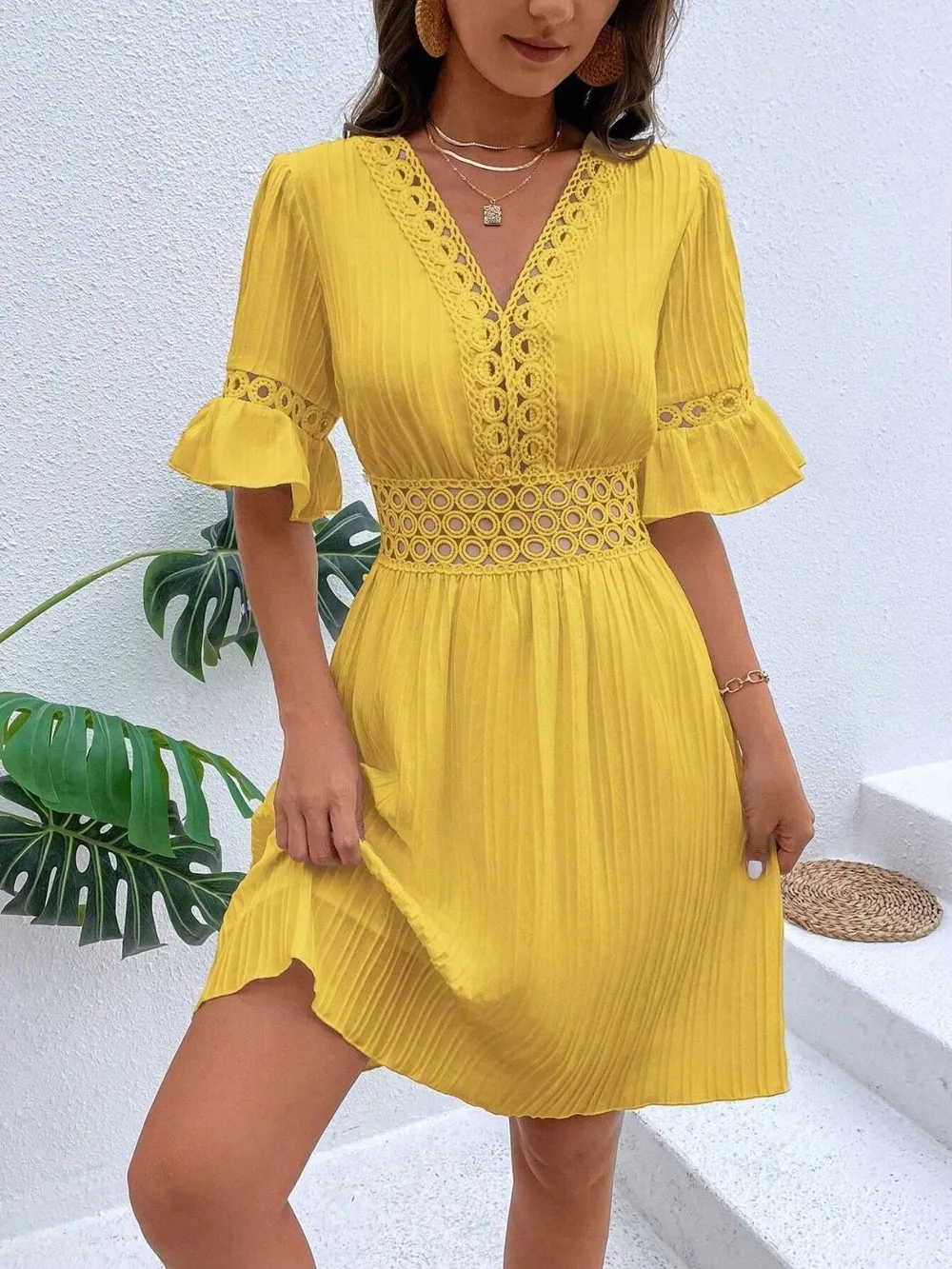 Cutout V-Neck Flounce Sleeve Mini Dress, image 7
