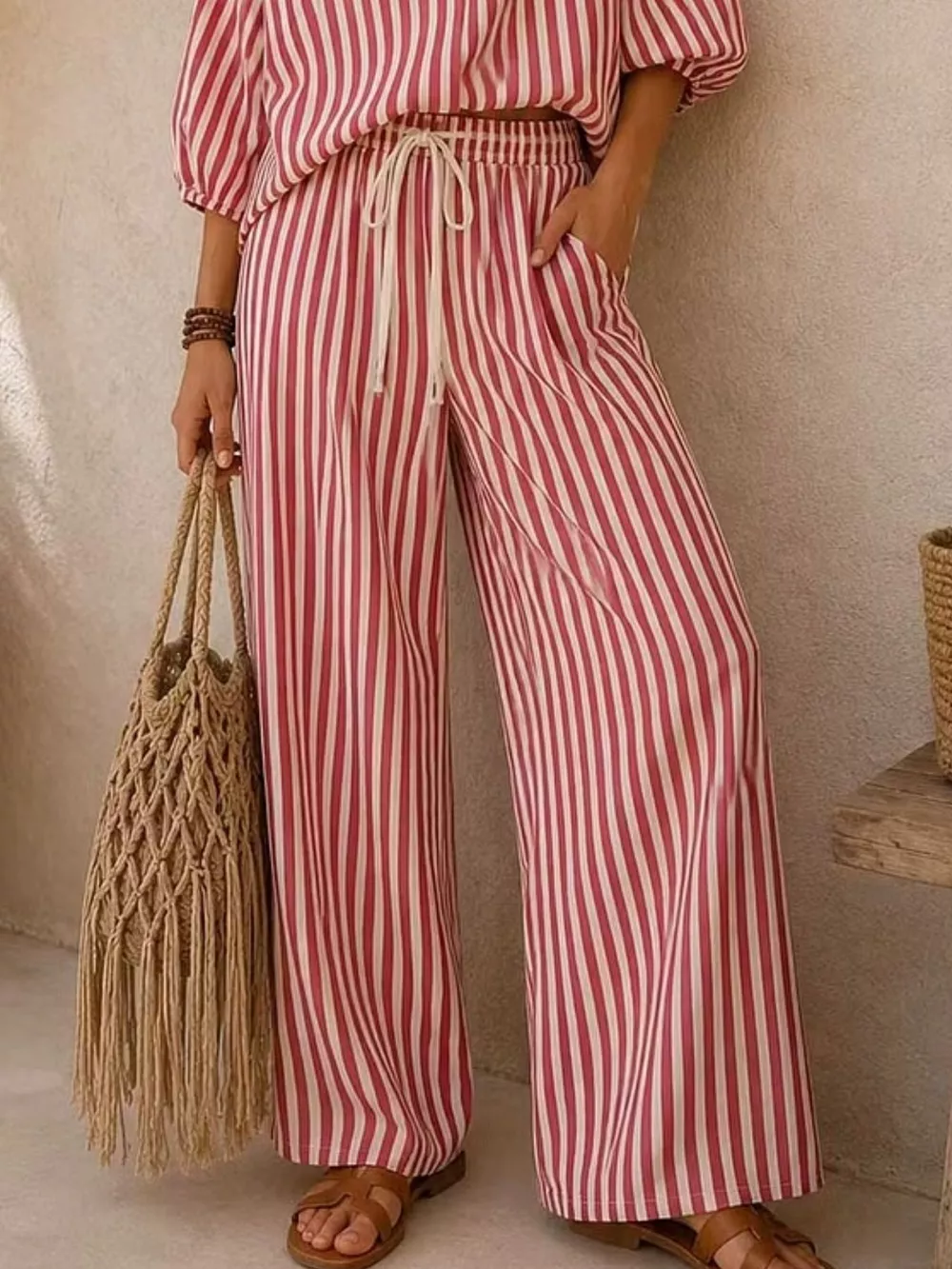 Full Size Striped Puff Sleeve Shirt and Wide-Leg Drawstring Pants Set Plus Size, image 9