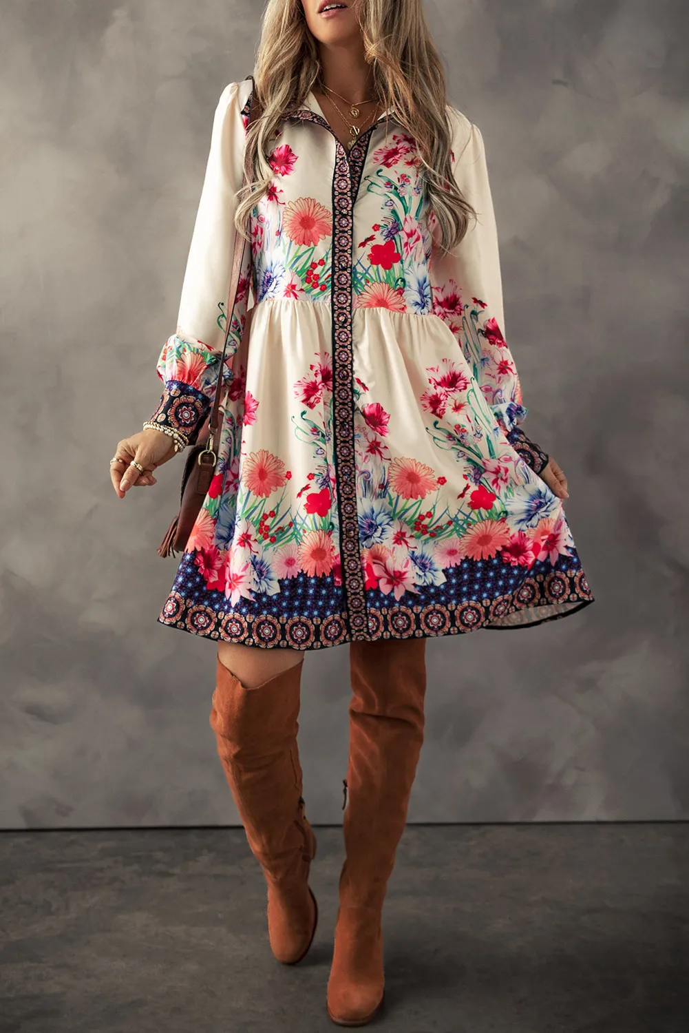 Flower Button Down Lantern Sleeve Dress, image 3