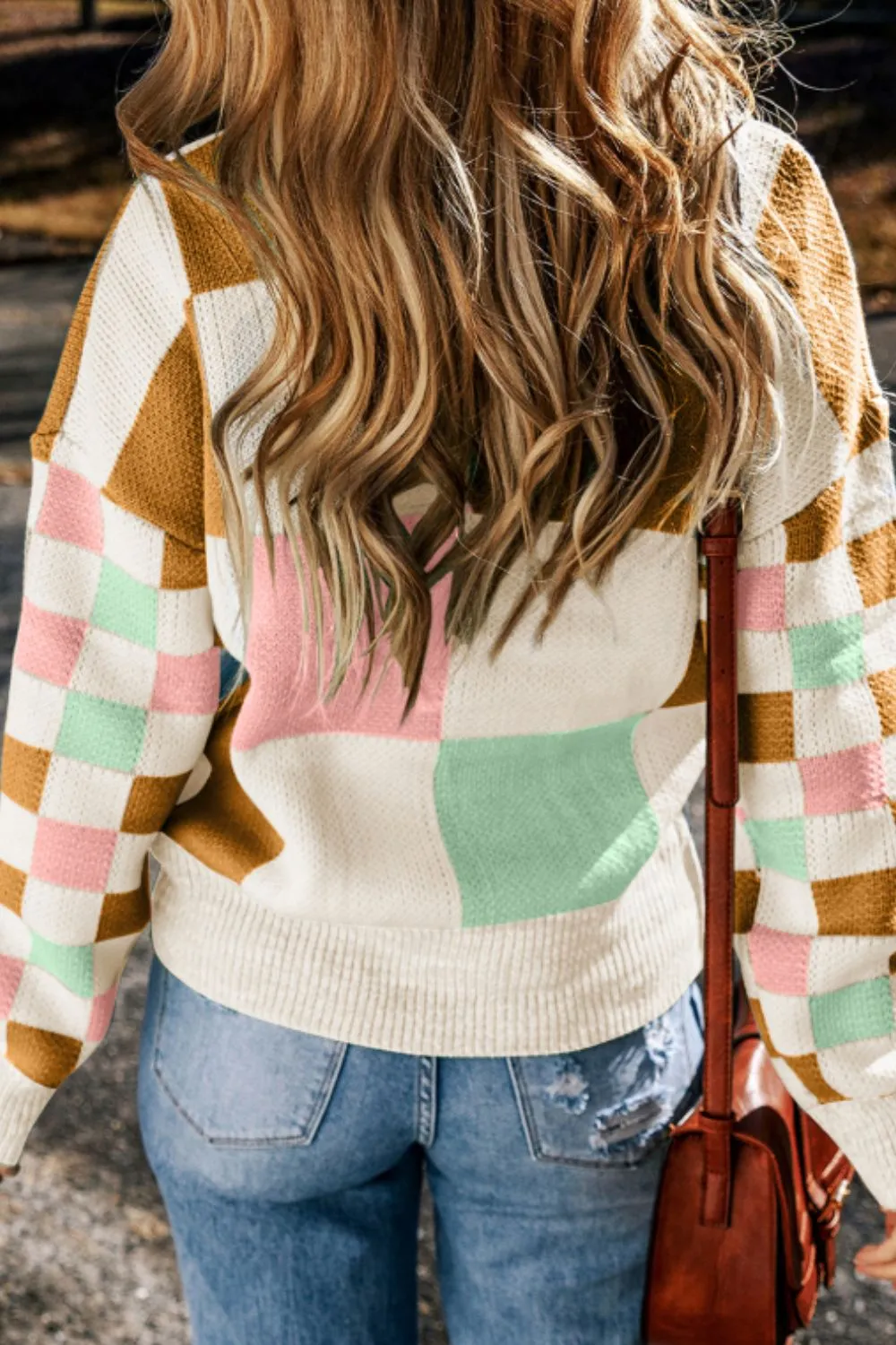 Checkered Round Neck Drop Shoulder Sweater, image 11