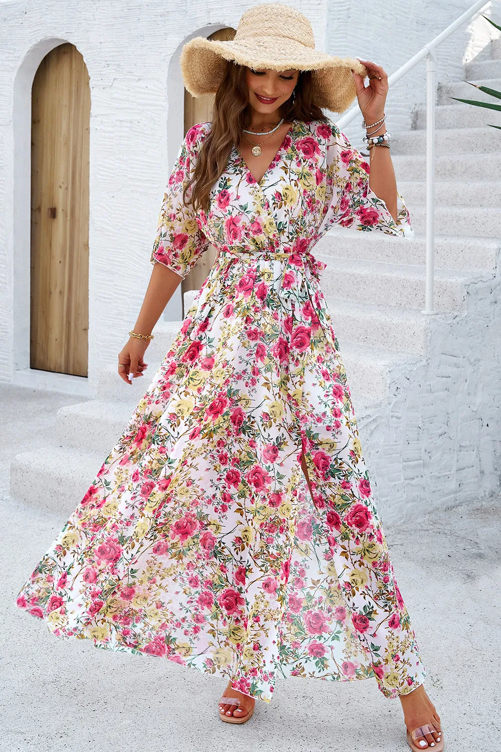 Printed Tied Half Sleeve Slit Dress, image 9