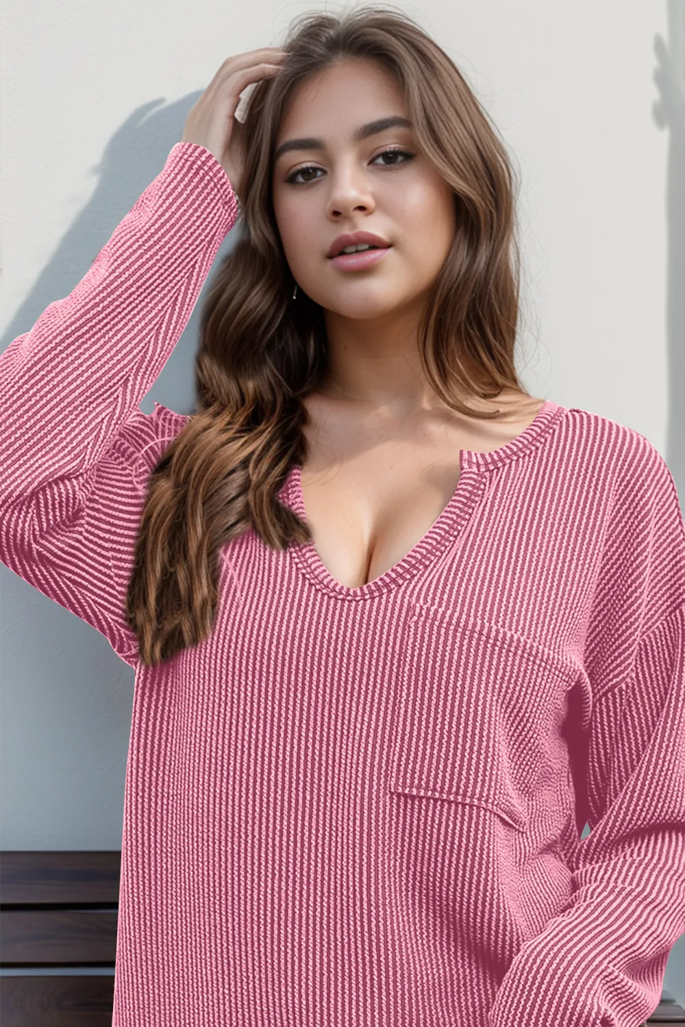 Striped Notched Long Sleeve T-Shirt, image 3