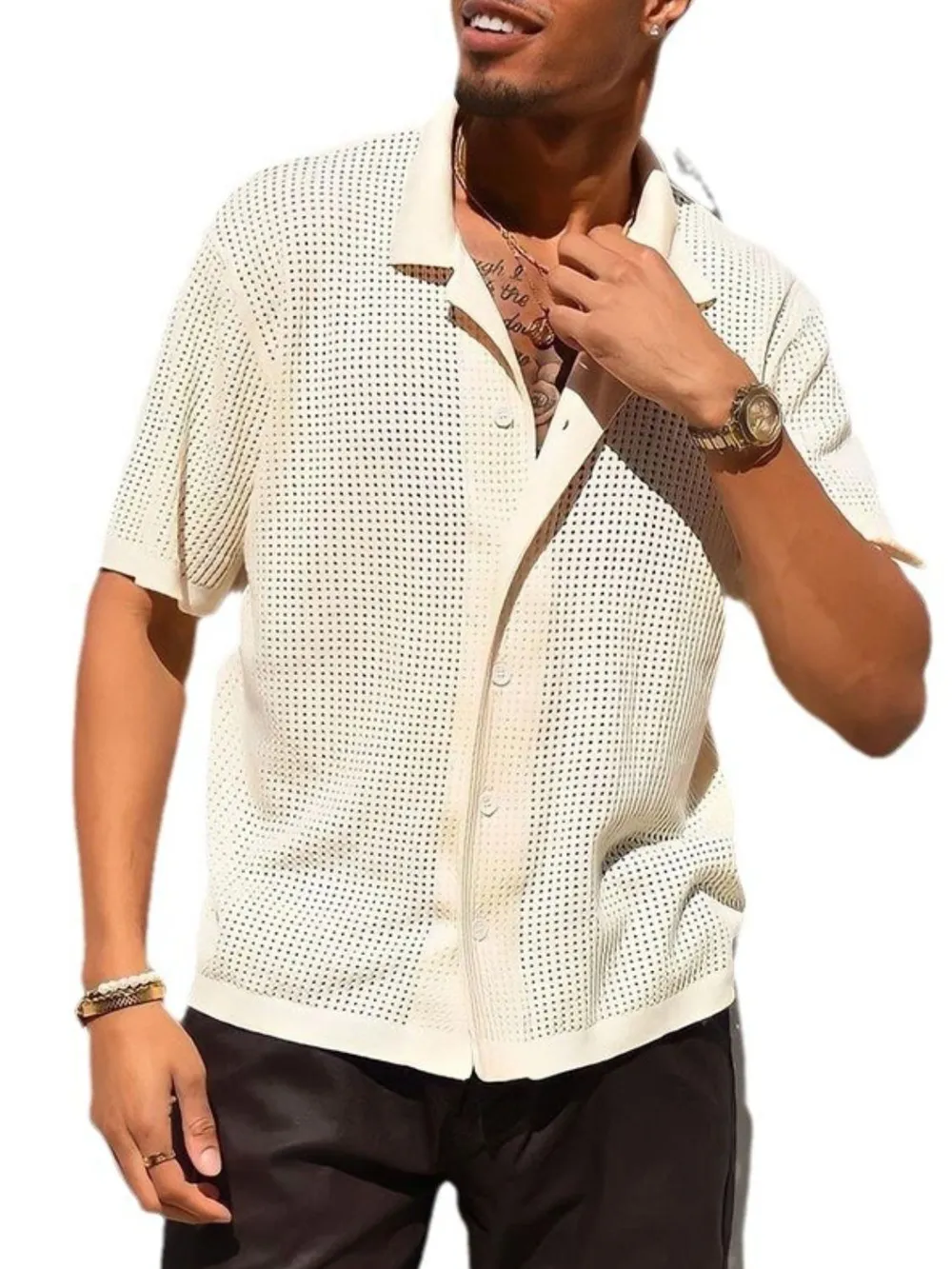 Men's Full Size Openwork Button Down Collared Neck Shirt Plus Size, image 2