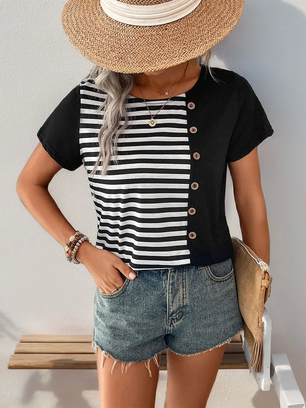 Striped Round Neck Short Sleeve T-Shirt, image 2