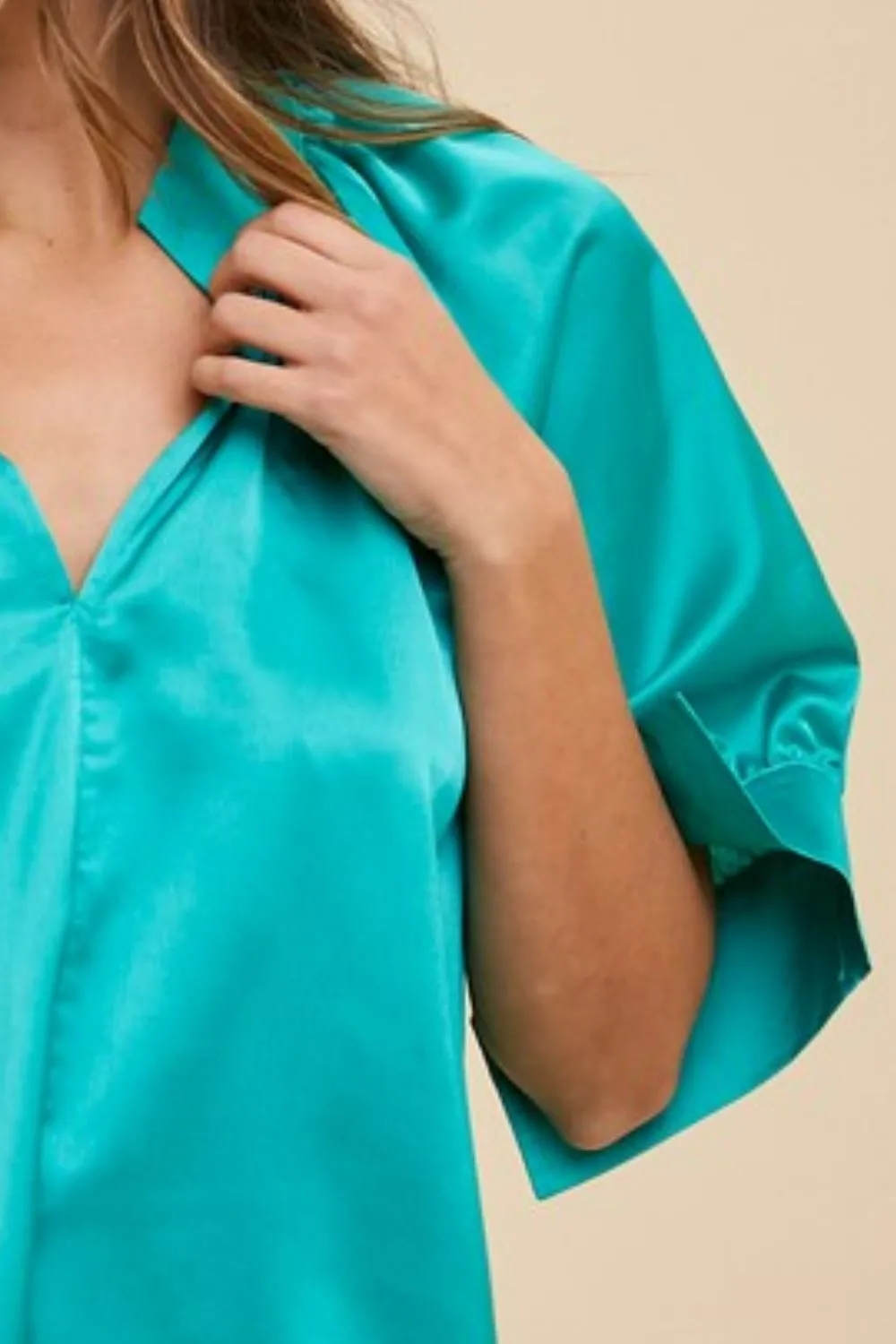 Satin V Neck Open Short Sleeve Woven Blouse Top, image 2