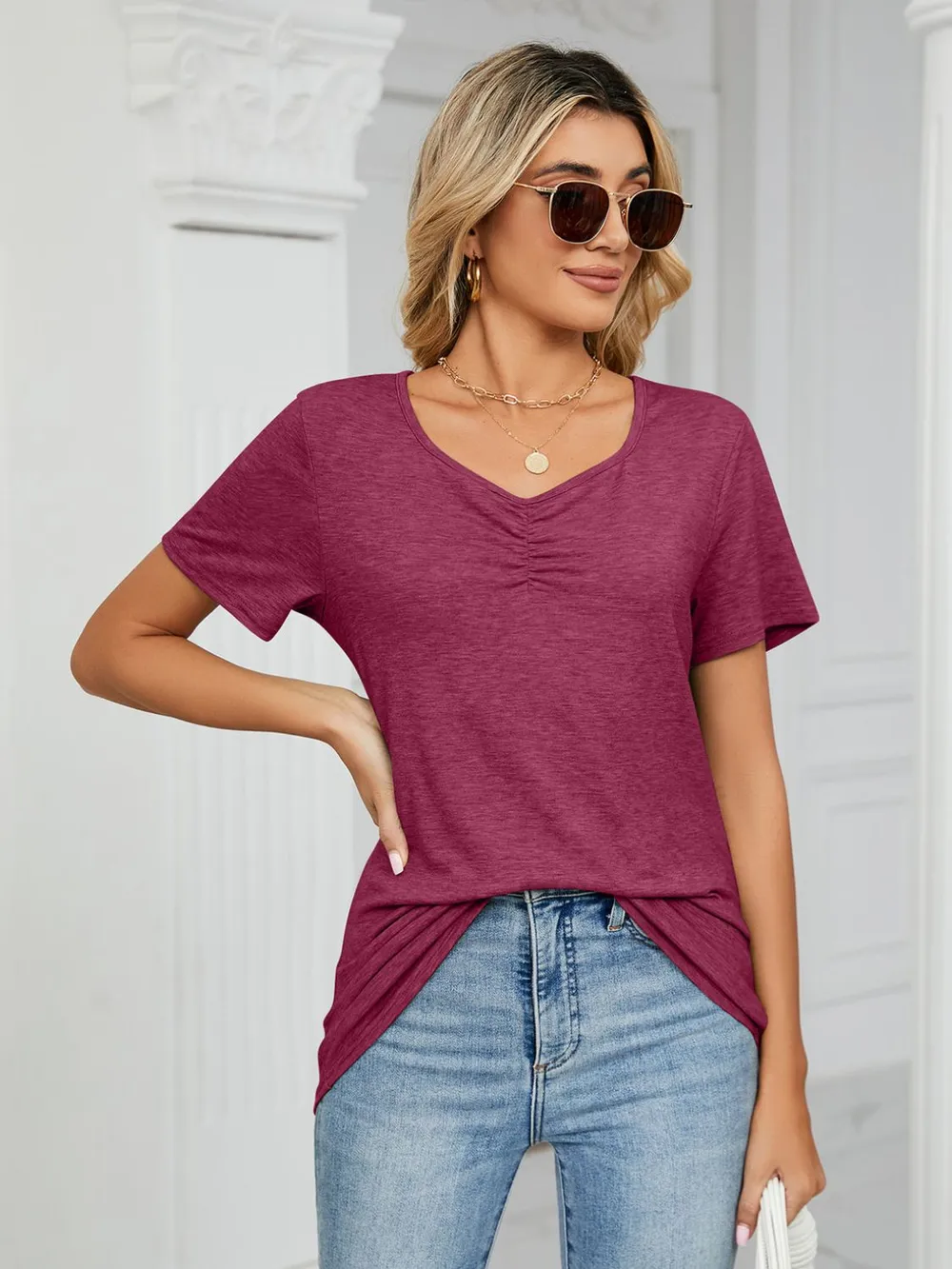 Ruched V-Neck Short Sleeve T-Shirt, image 7