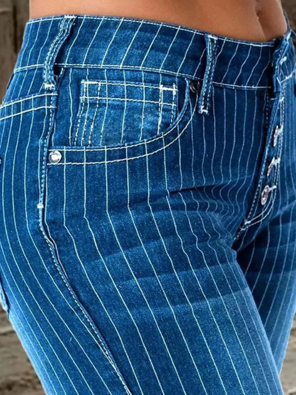 Striped Button Fly Flare Jeans, image 4