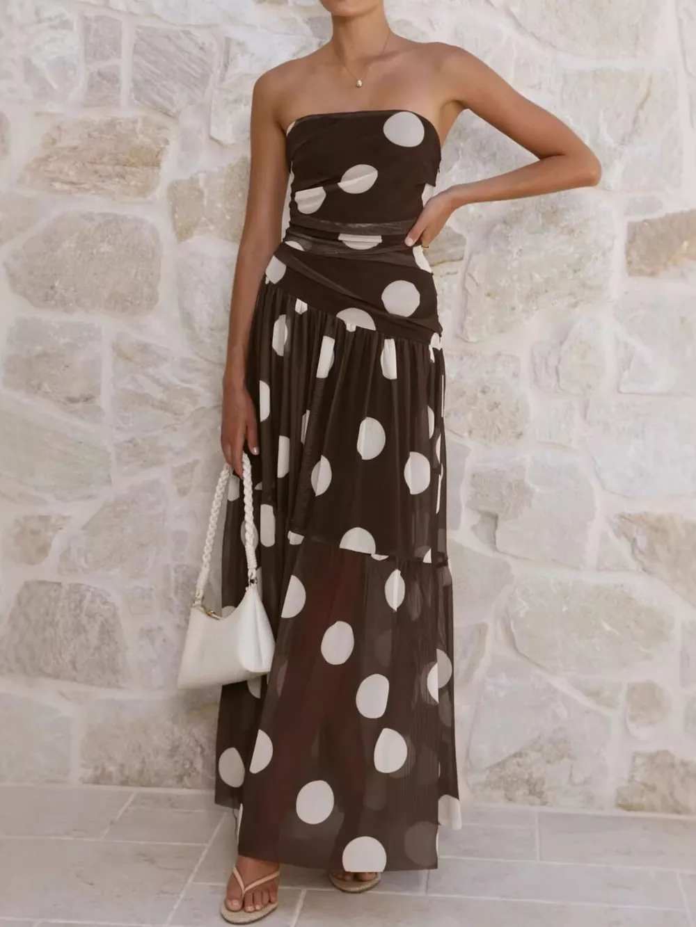 Polka Dot Strapless Ruched Maxi Dress, image 4