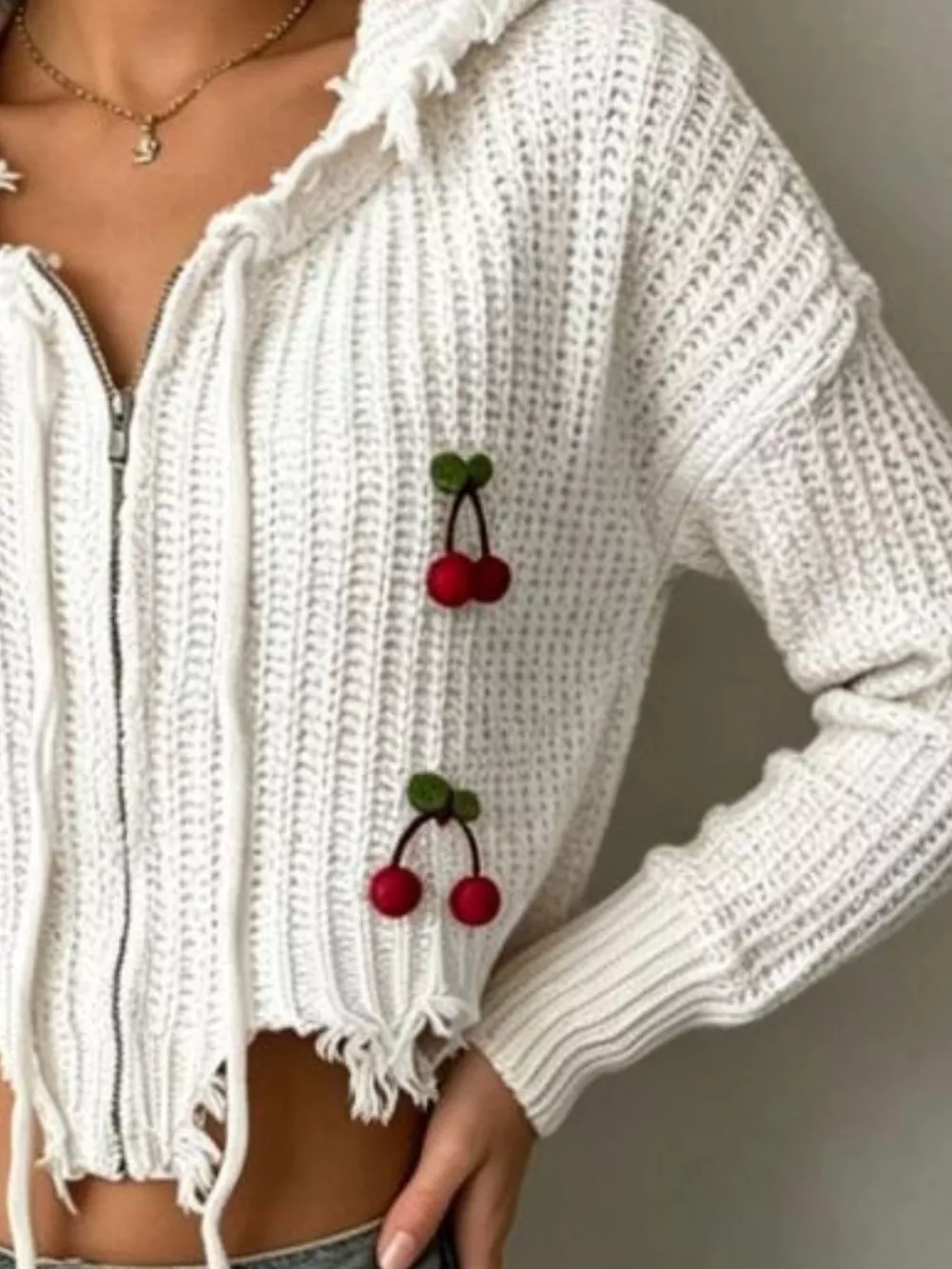Cherry Knit Zip-Up Hooded Sweater, image 11
