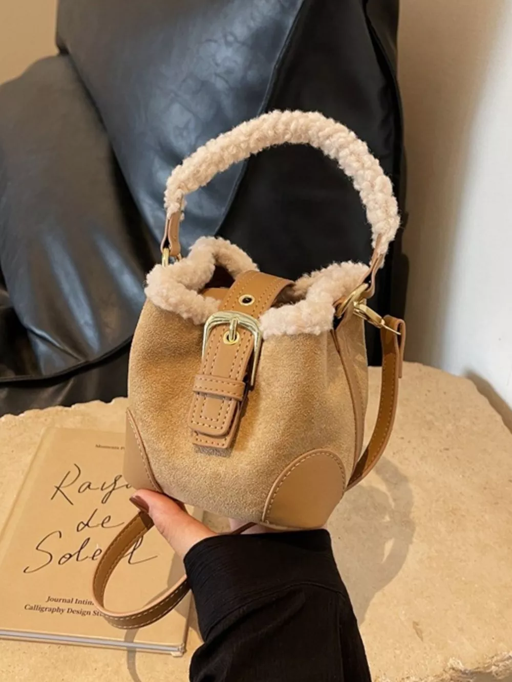 Fuzzy Trim Bucket Crossbody Bag, image 6