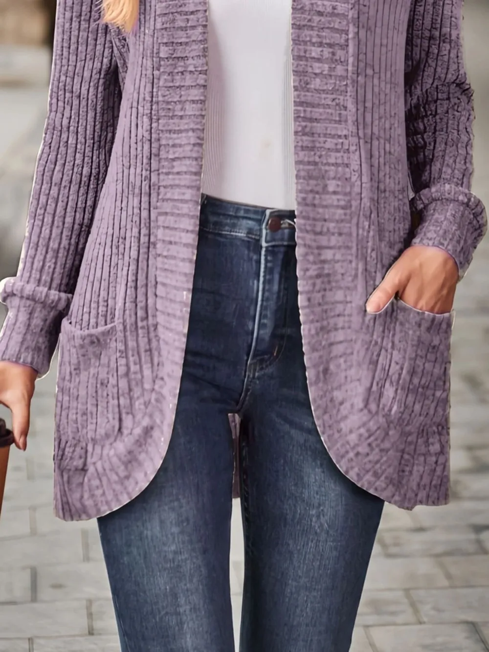 Ribbed Open Front Long Cardigan with Pockets, image 2