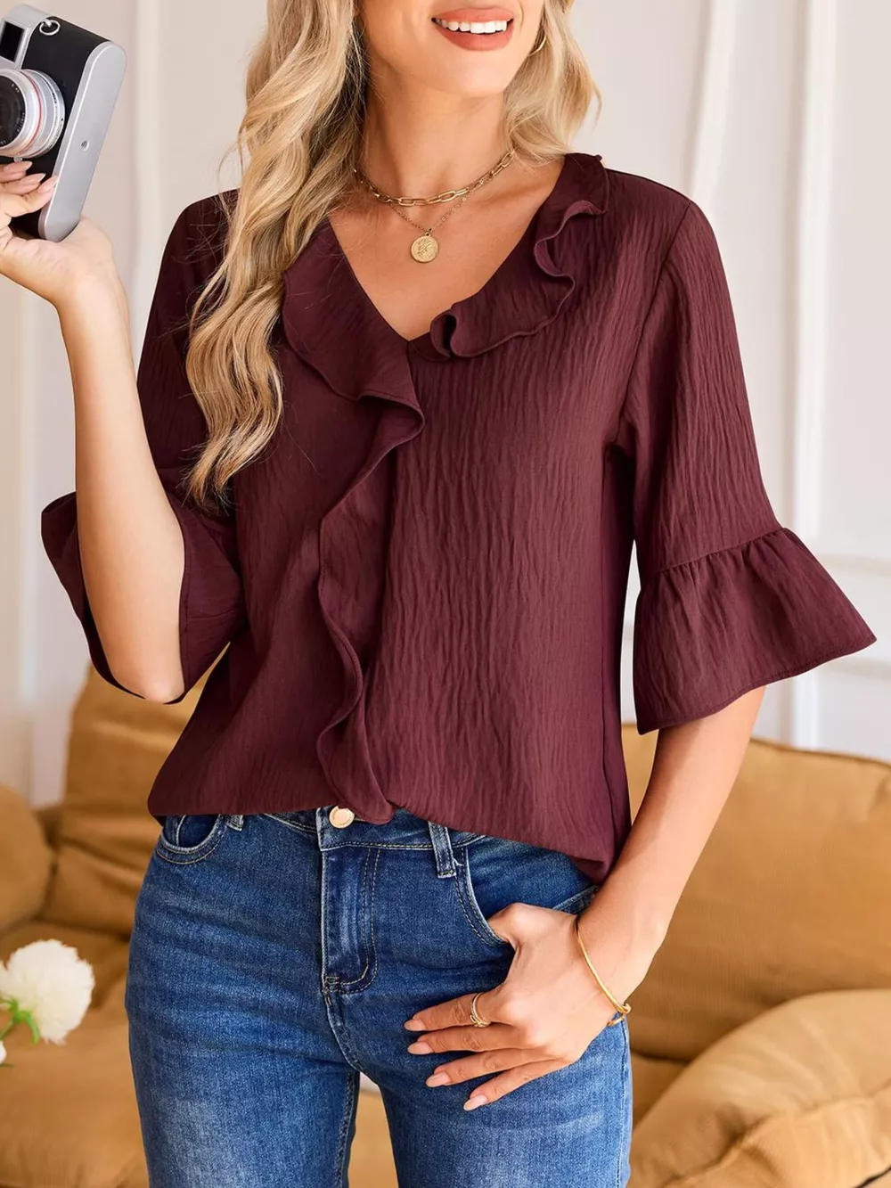 Ruffle Trim V-Neck Blouse, image 27