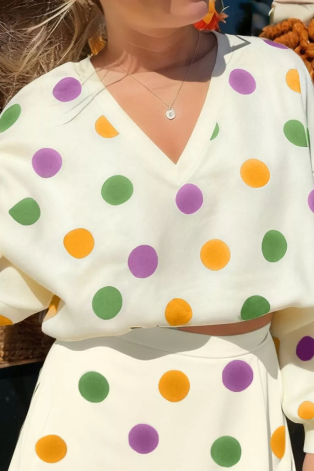Polka Dot V-Neck Top and Skirt Set, image 3