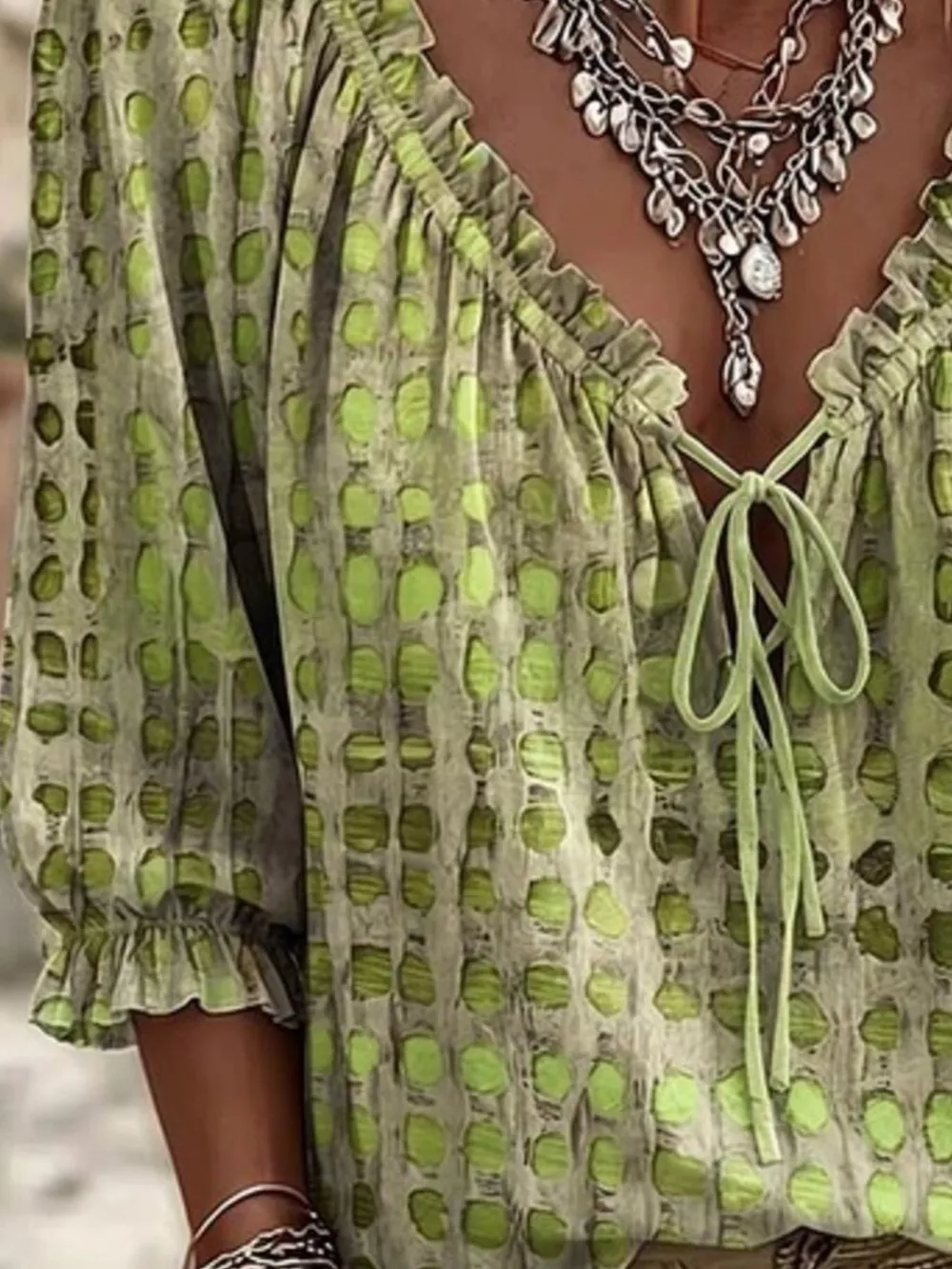 Full Size Tie Neck 3/4 Sleeve Blouse Plus Size, image 10
