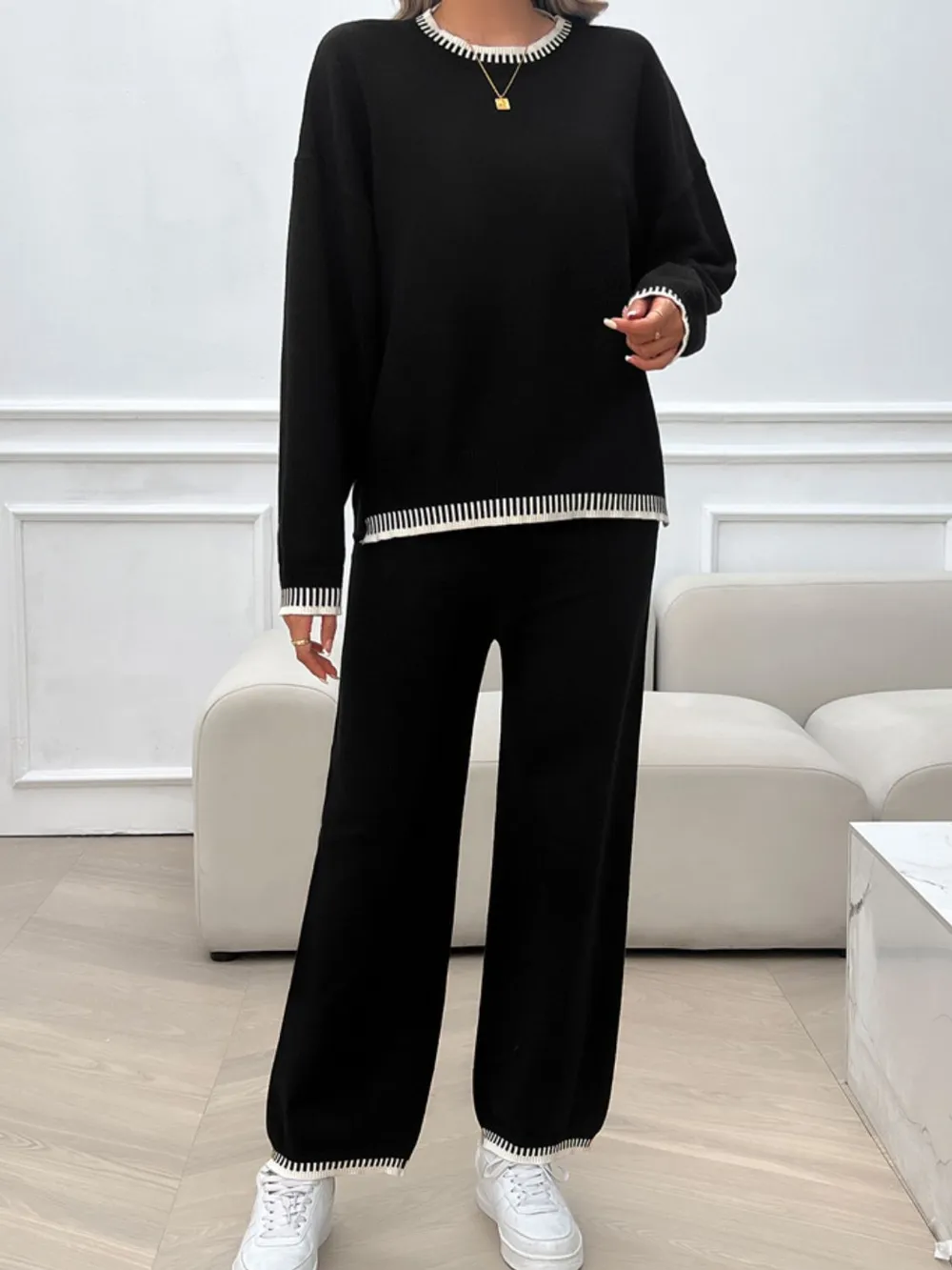 Round Neck Dropped Shoulder Top and Pants Sweater Set, image 22