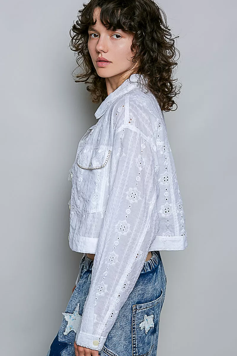 POL Eyelet Textured Cotton Cropped Button Front Jacket, image 2