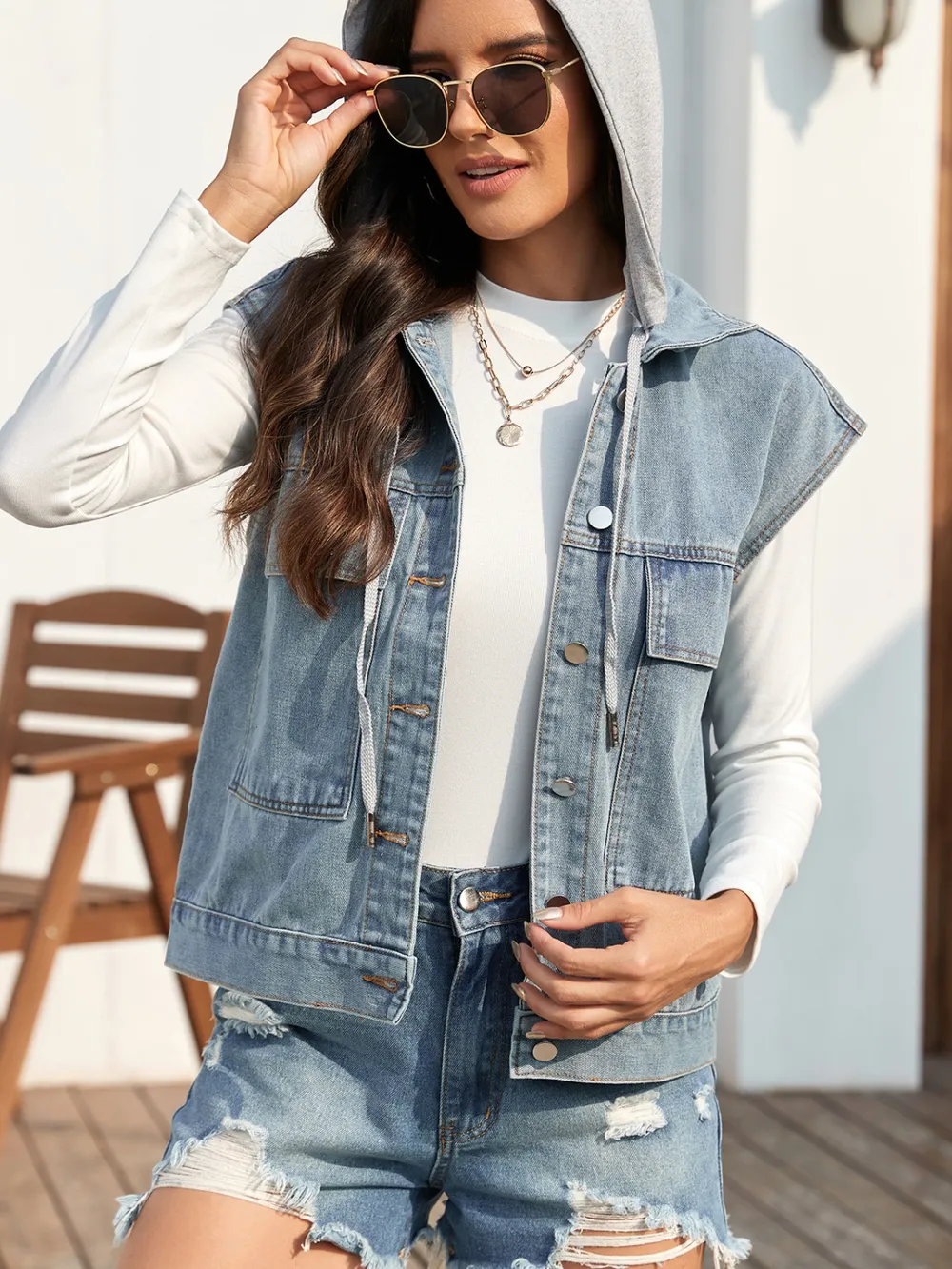 Drawstring Button Up Sleeveless Denim Jacket, image 5