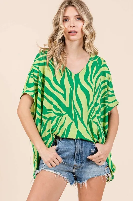 Zebra Print V-Neck Short Sleeve Oversized Top