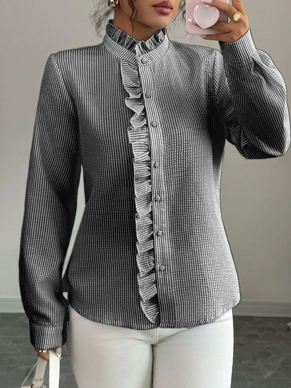 Ruffle Front Striped Button-Up Shirt, image 15