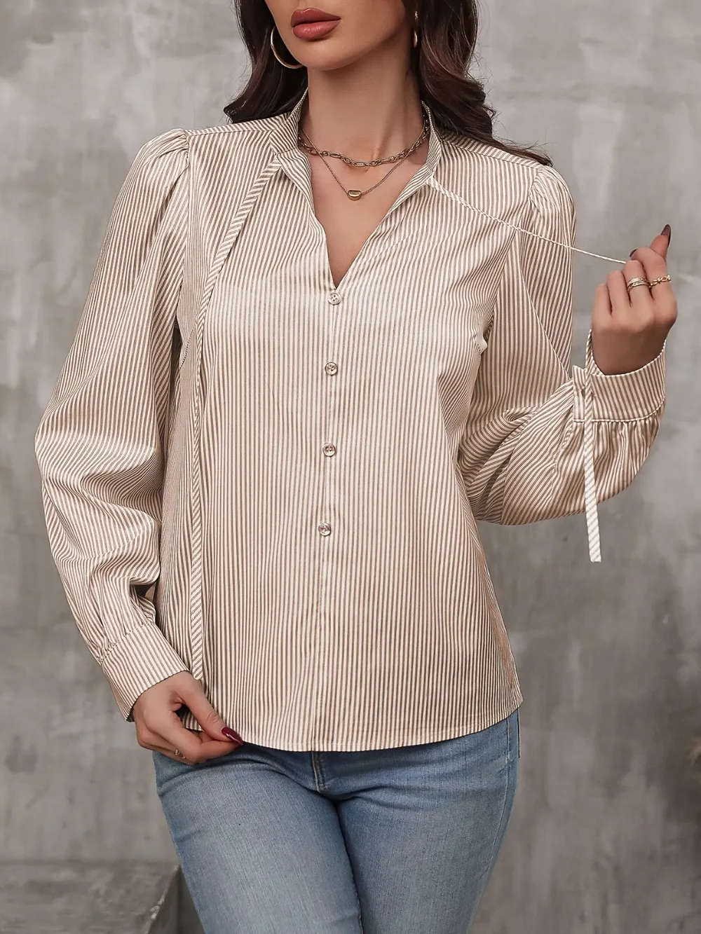 Tied Striped Long Sleeve Blouse, image 3