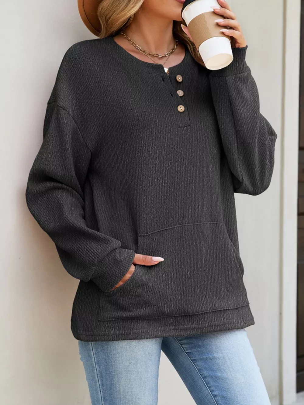 Button Detail Dropped Shoulder Sweatshirt, image 14