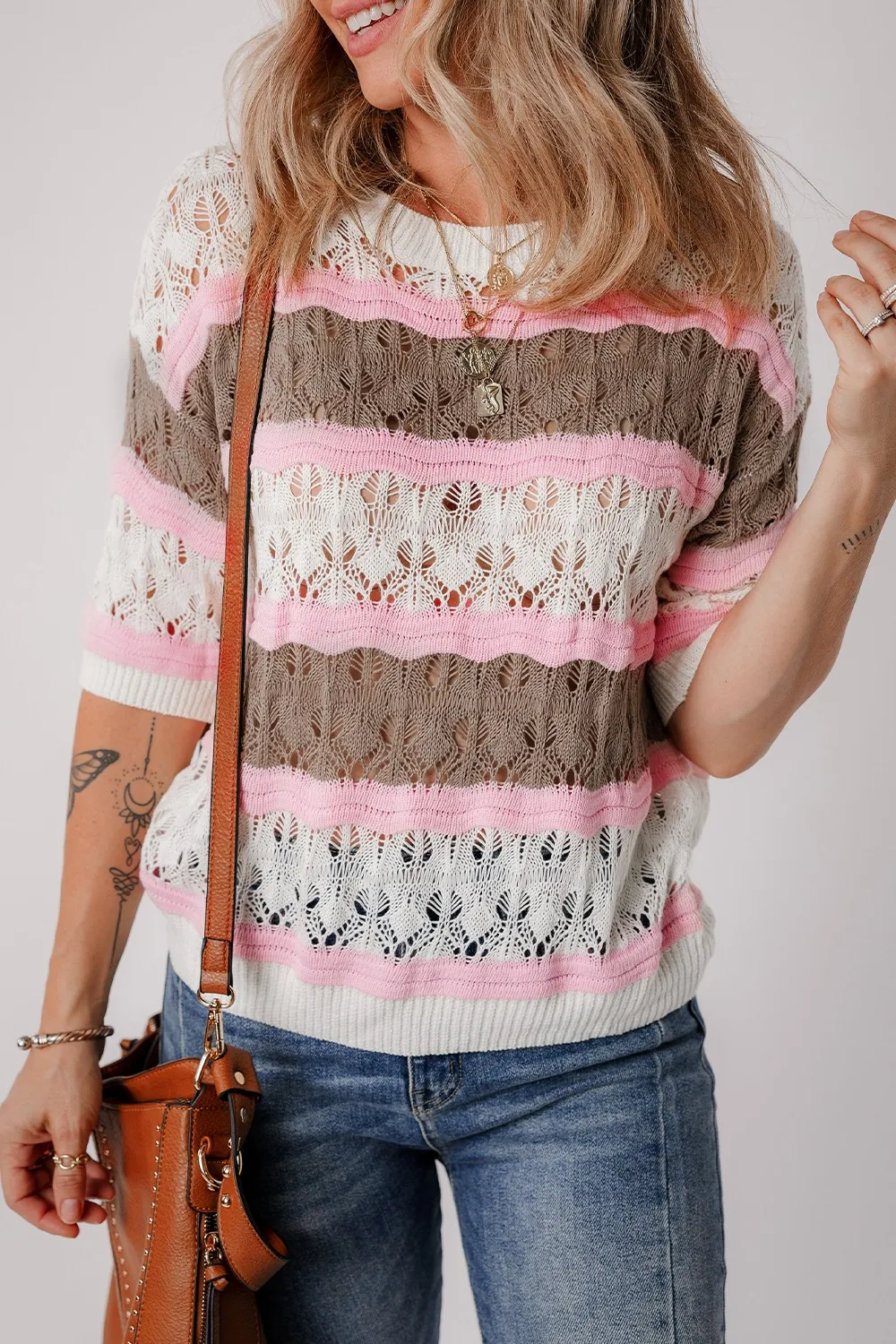 Color Block Openwork Half Sleeve Sweater, image 3