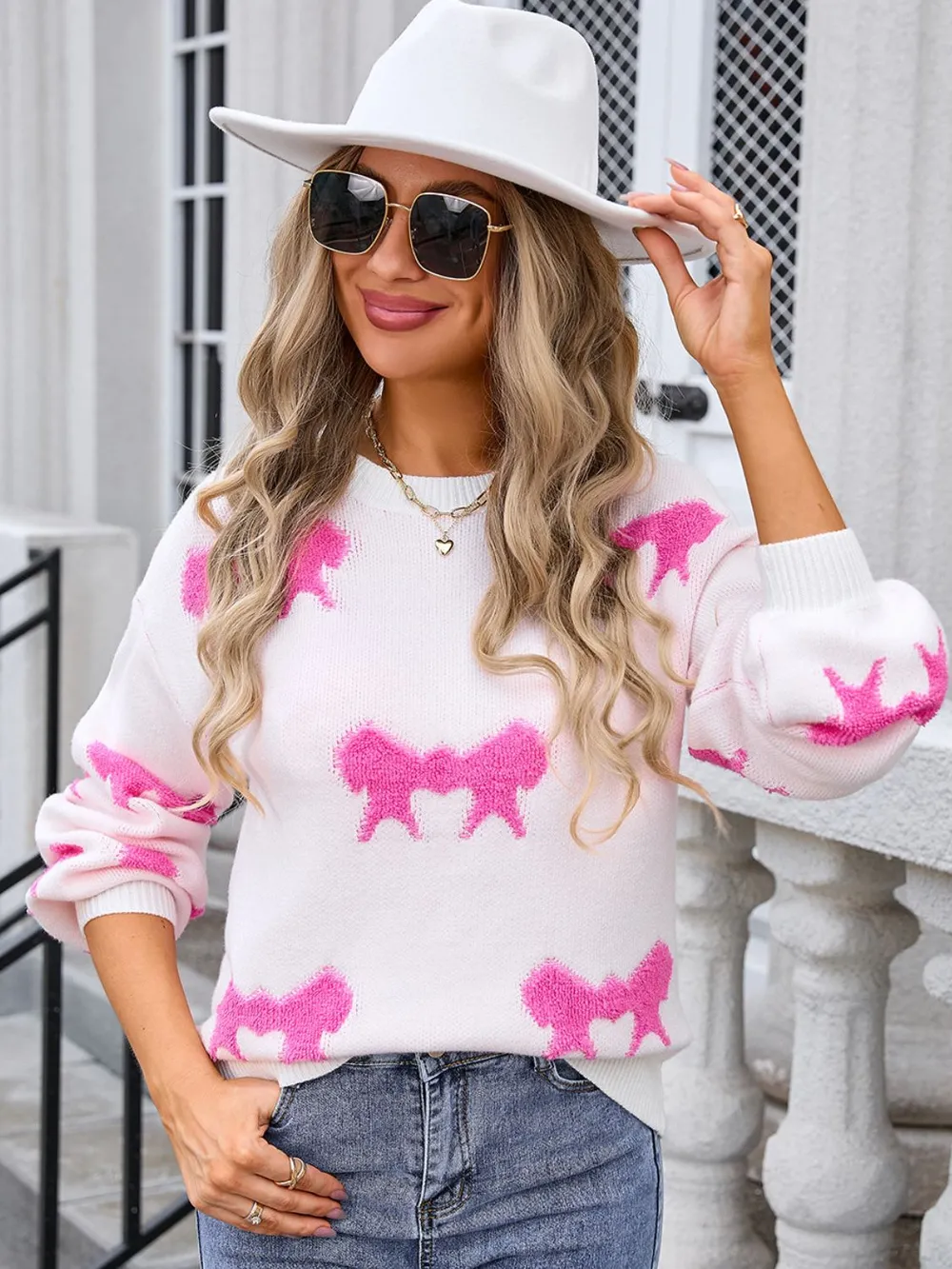 Bow Round Neck Dropped Shoulder Sweater, image 12