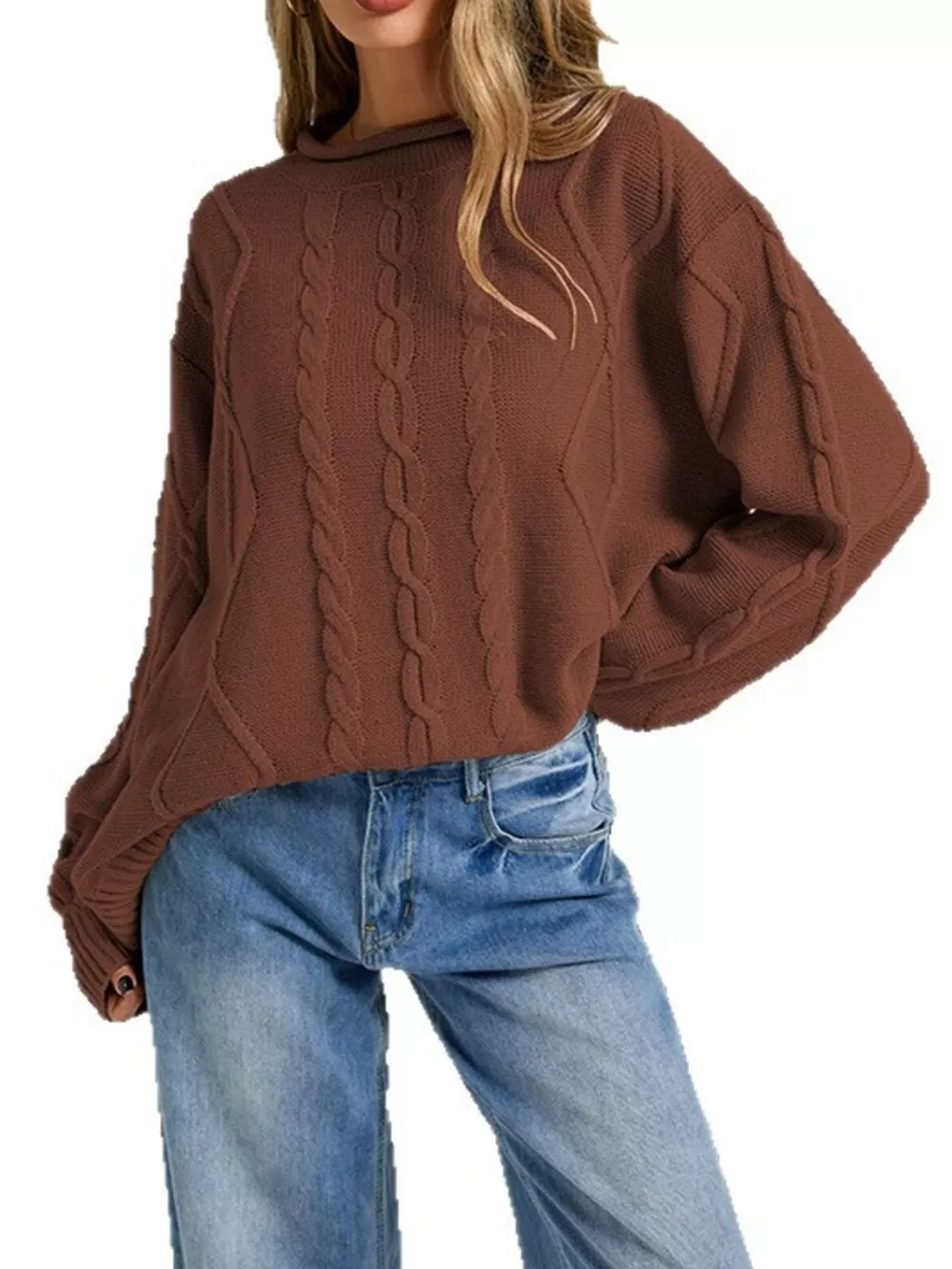 Cable Knit Ribbed Hem Sweater, image 3