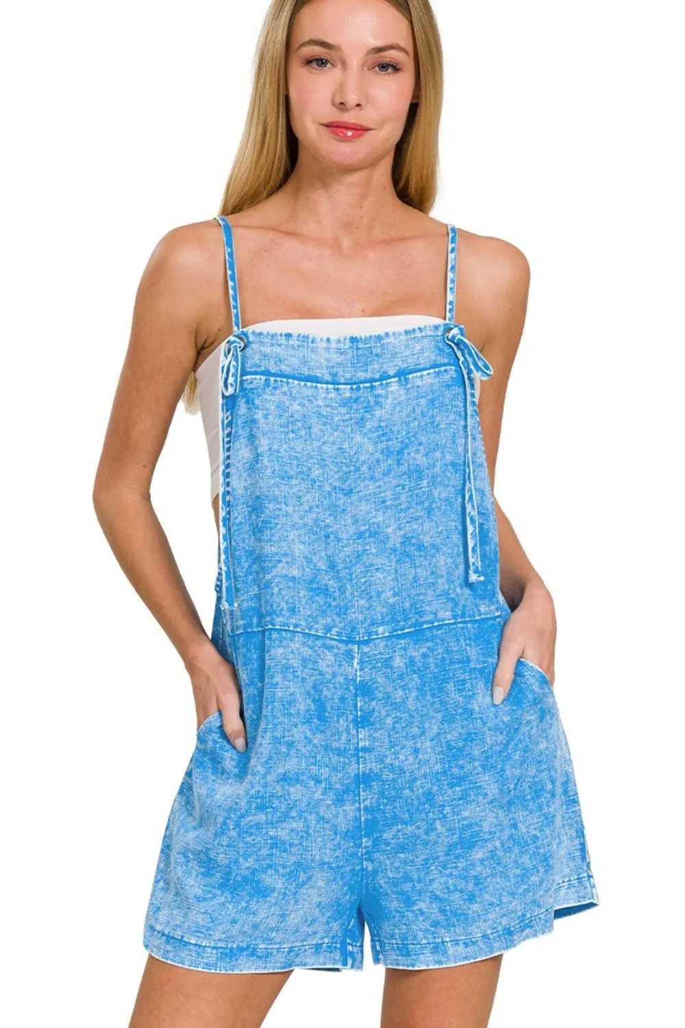 Washed Linen Knot Strap Rompers