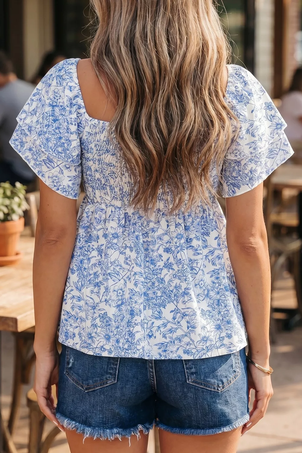 Floral Print Square Neck Ruffled Sleeve Shirred Babydoll Blouse, image 8