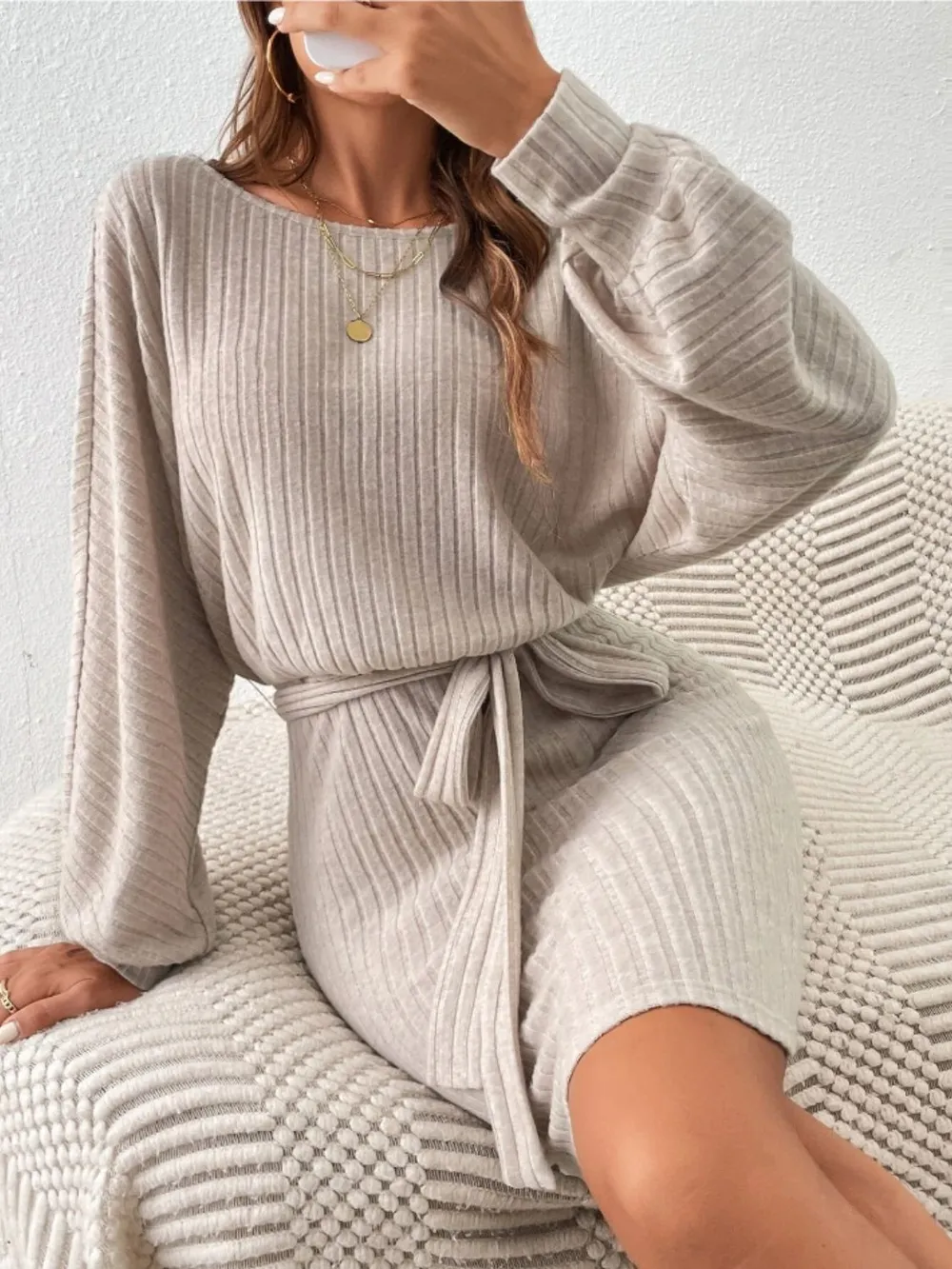 Round Neck Tie Waist Long Sleeve Mini Dress, image 2