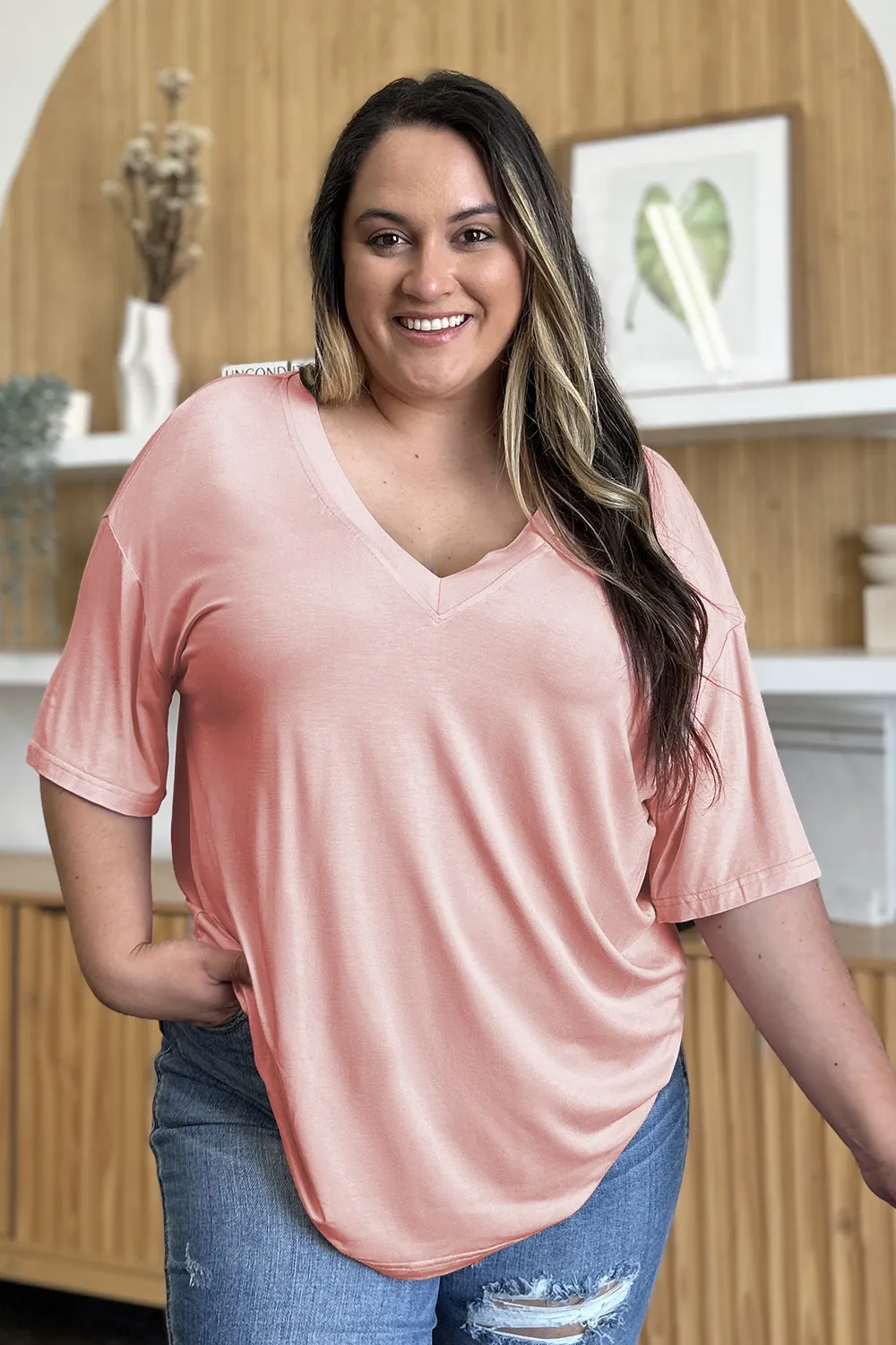 Full Size Bamboo V-Neck Drop Shoulder T-Shirt, image 7