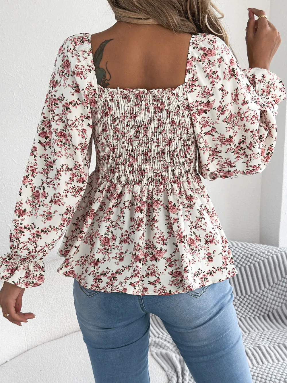 Floral Square Neck Flounce Sleeve Blouse, image 5