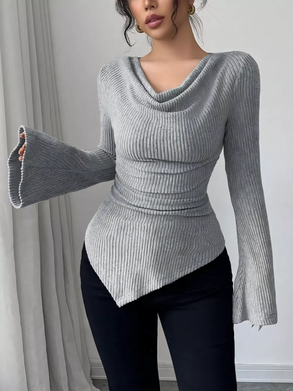 Cowl Neck Flare Sleeve Top, image 2