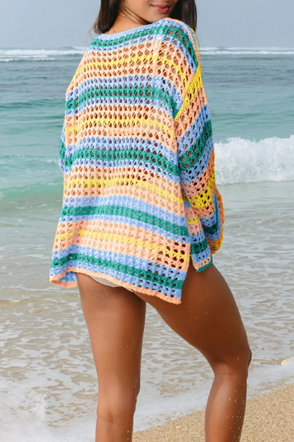 Openwork Round Neck Long Sleeve Knit Cover Up, image 3