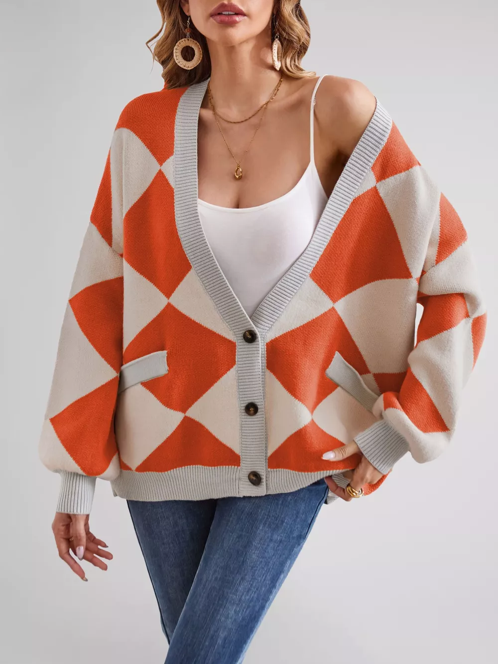 Diamond Pattern Button-Up Knit Cardigan, image 22