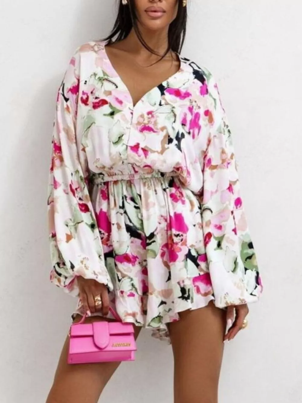 Floral V-Neck Long Sleeve Romper with Elastic Waist, image 5