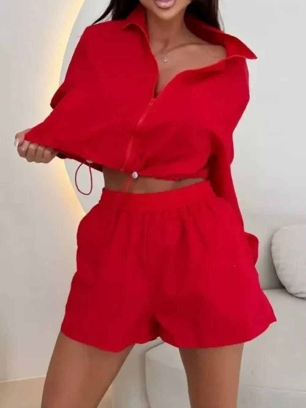 Zip-Up Crop Jacket and High-Waisted Shorts Set, image 4