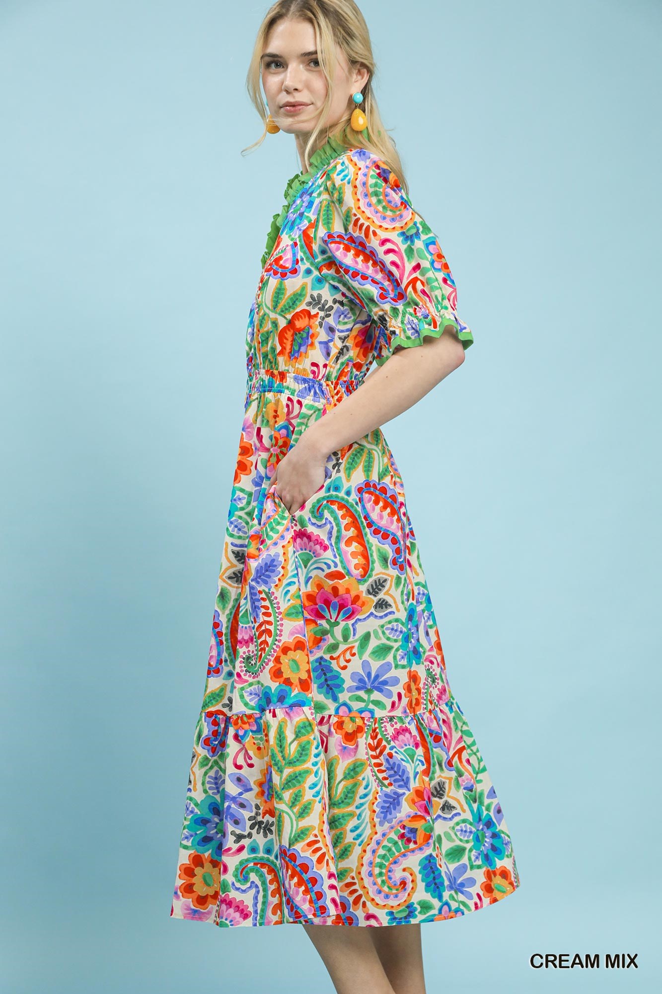 Mix Floral Midi Dress with Ruffle Trim, image 2