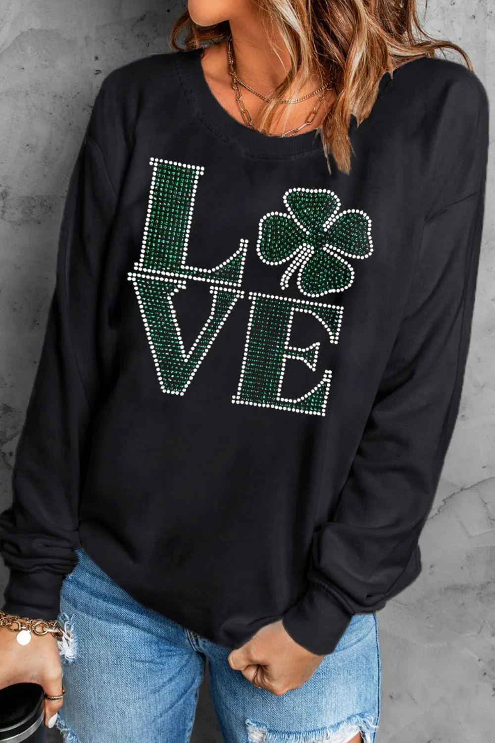 LOVE Rhinestone Clover Round Neck Sweatshirt, image 2