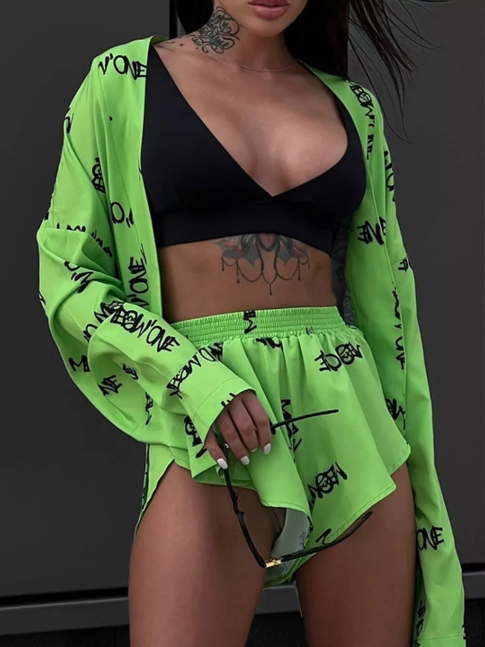 Geometric Cat Print Cardigan and Shorts Lounge Set, image 14