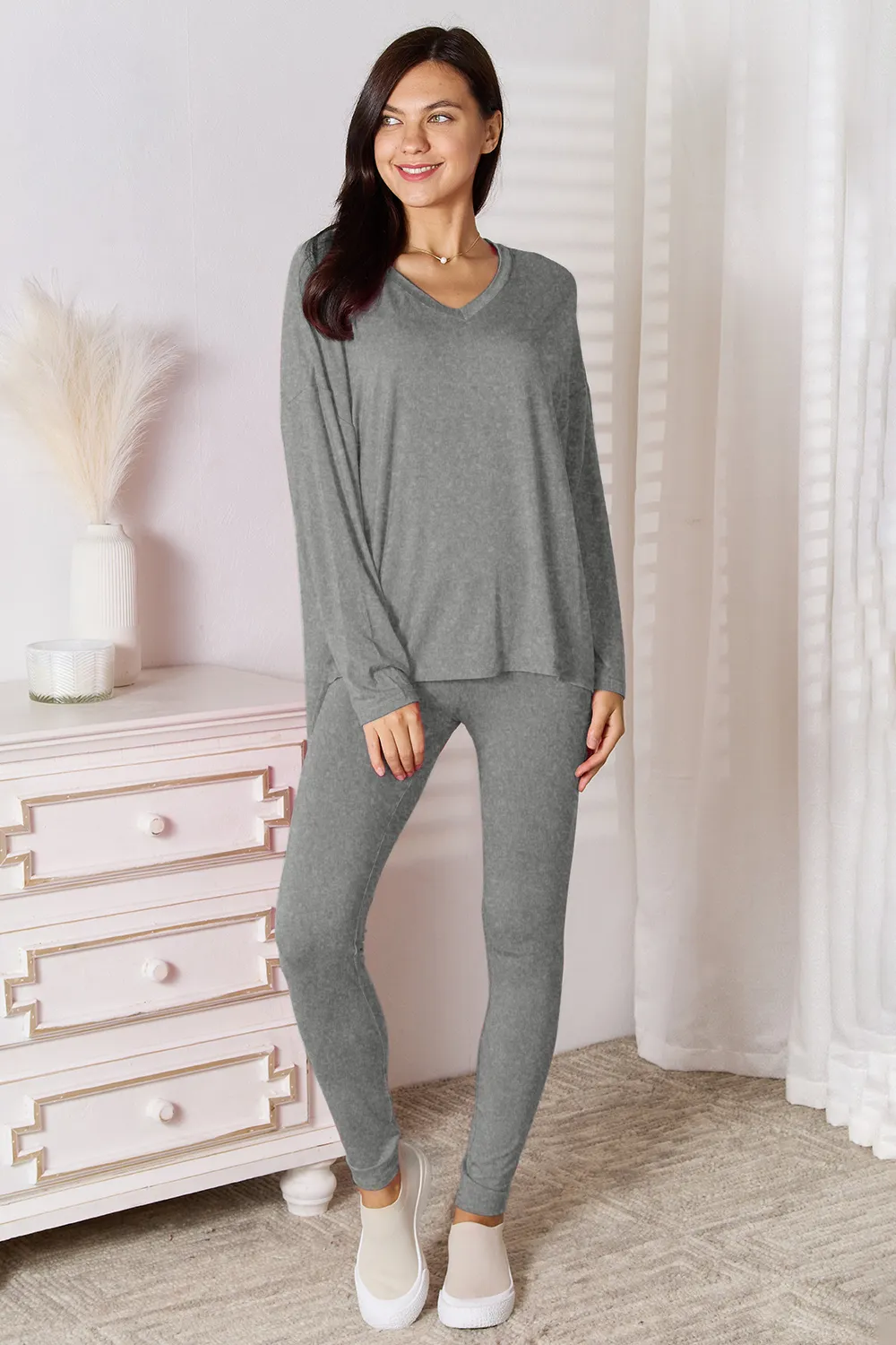 Bamboo Full Size V-Neck Long Sleeve Top and Pants Lounge Set, image 2