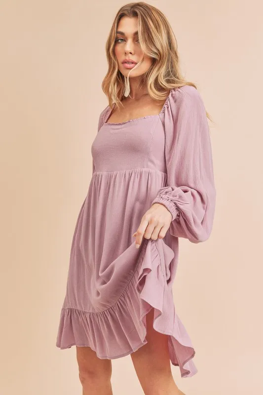 Ruffled Hem Square Neck Balloon Sleeve Mini Dress, image 2