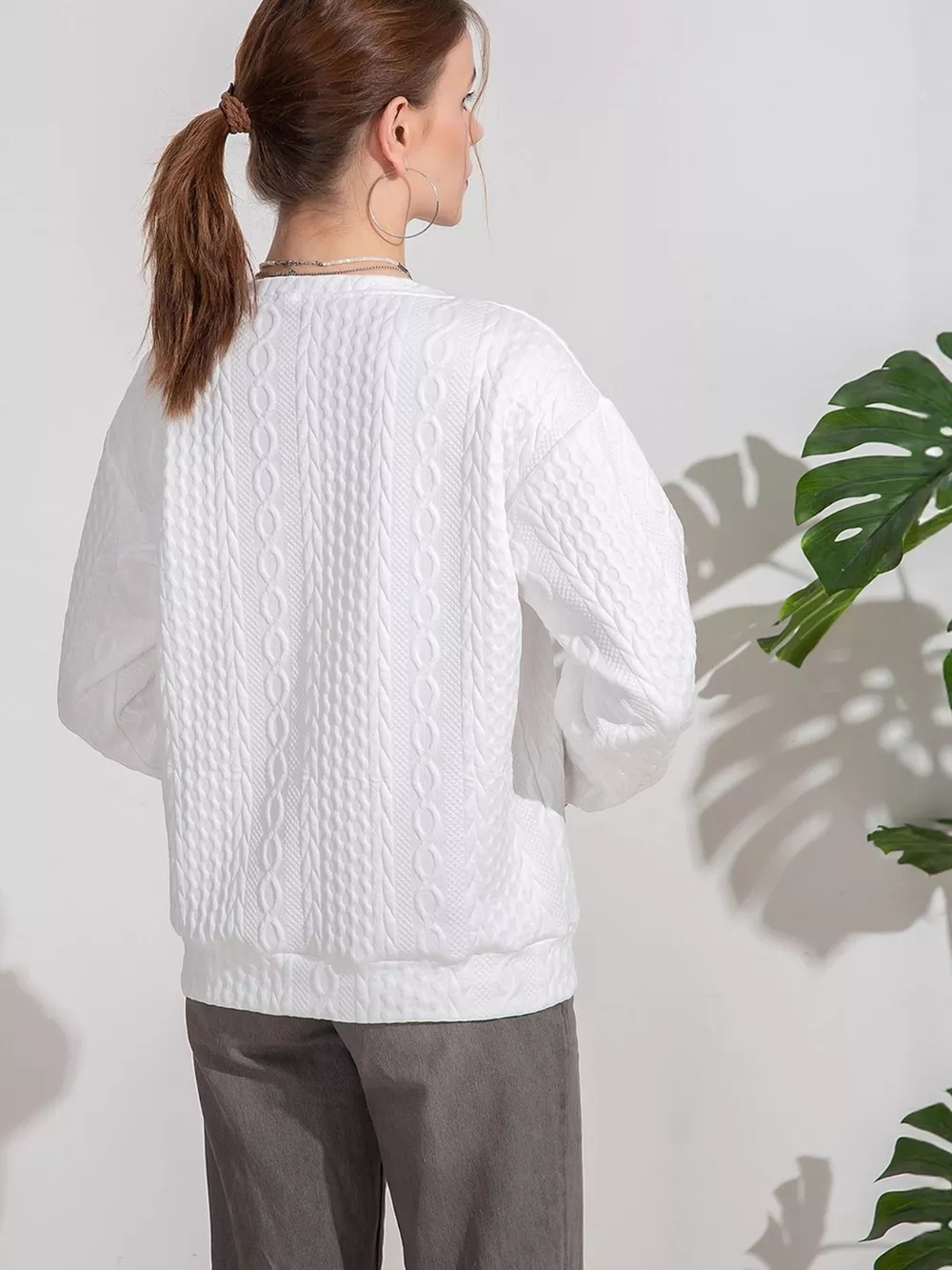 Textured Knit Crewneck Sweatshirt, image 2