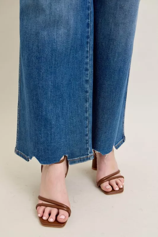Full Size High Waist Tummy Control Chew Hem Destroy Wide Jeans Plus Size, image 3