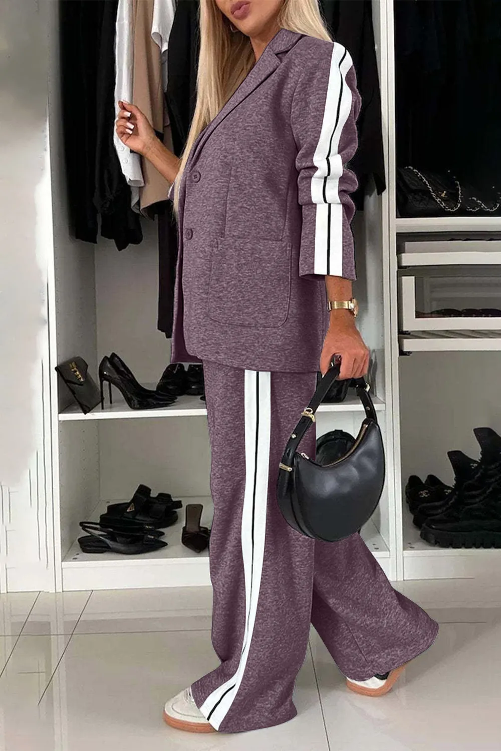 Full Size Contrast Lapel Collar Top and Pants Set, image 8