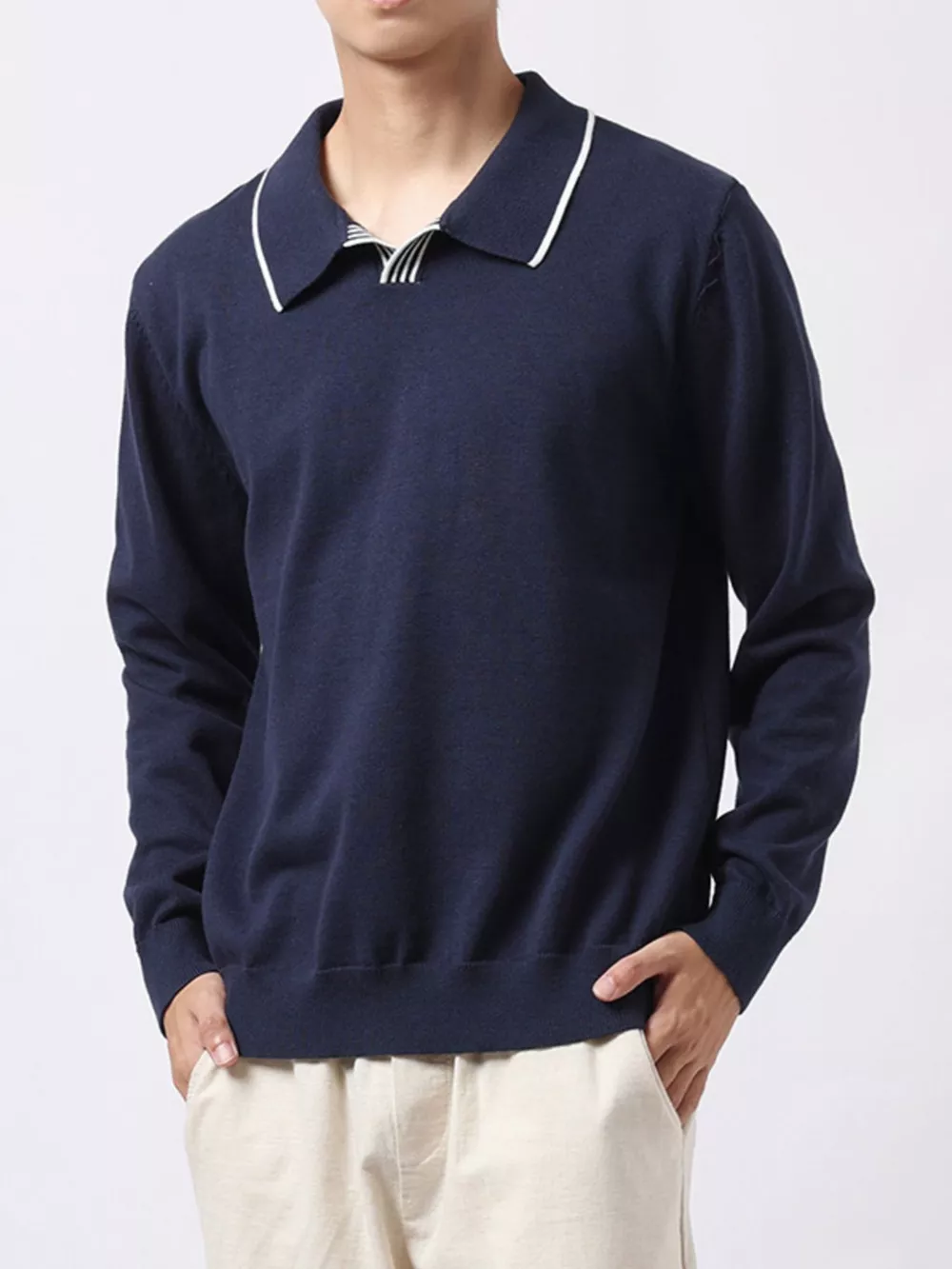 Men's Plus Size Long-Sleeve Contrast Trim Polo, image 3