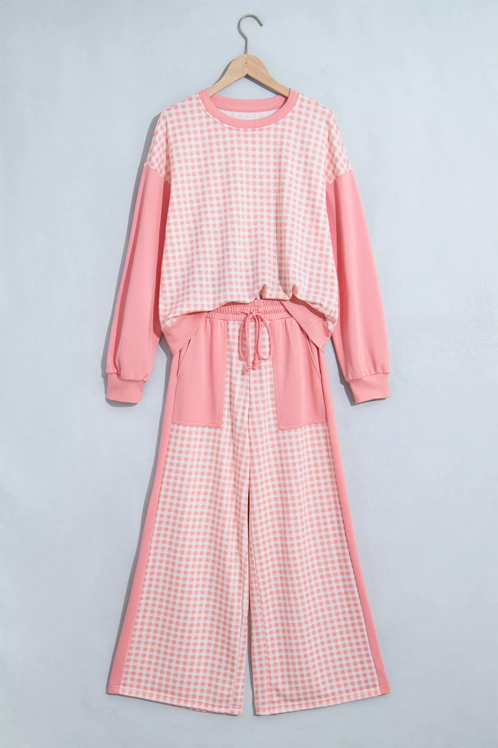 Color Block Plaid Patchwork Long Sleeve Pullover Wide Leg Pant Set, image 3