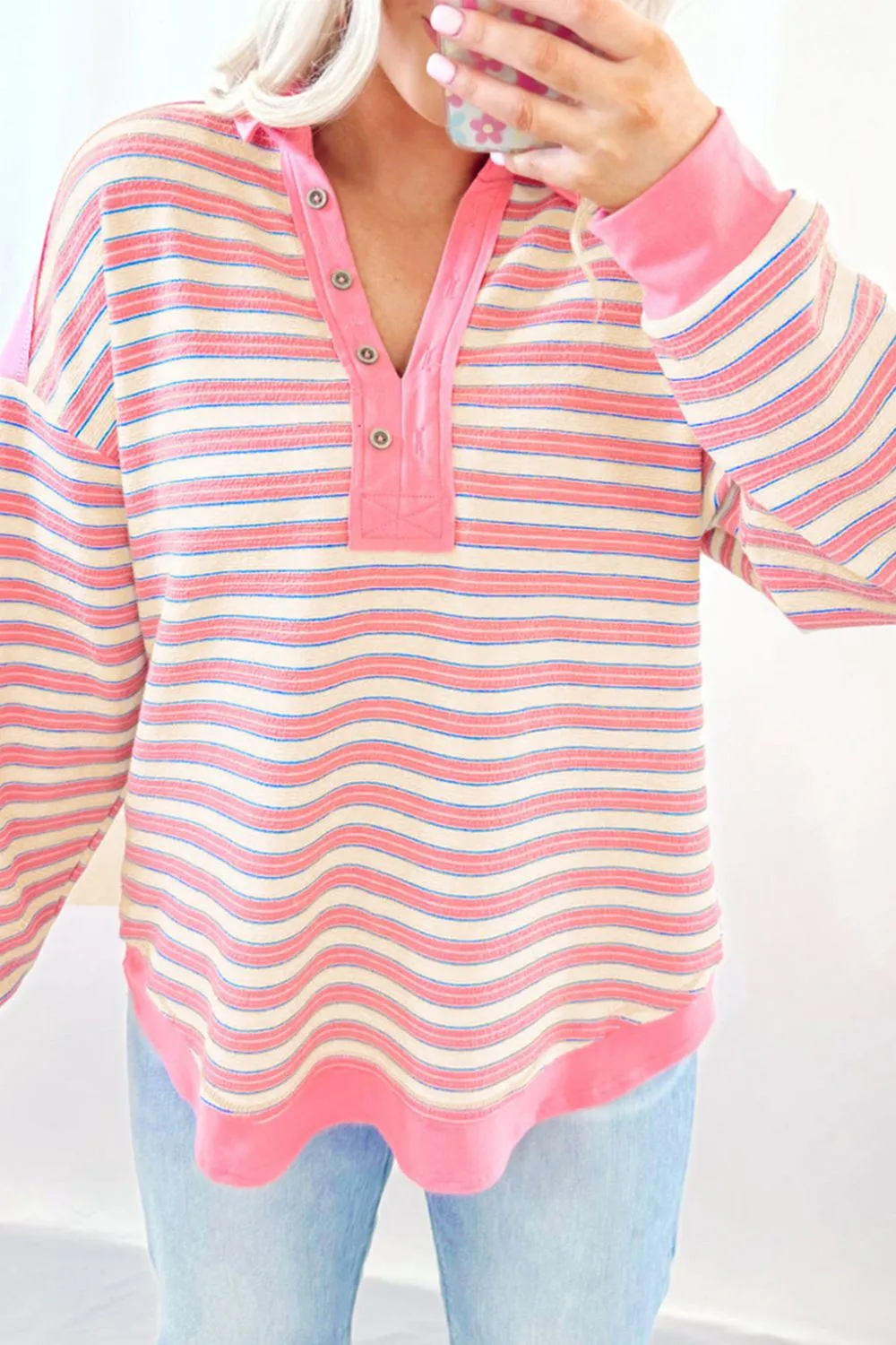 Striped Johnny Collar Long Sleeve Sweatshirt, image 4