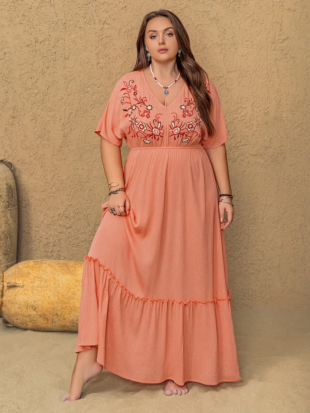 Plus Size Frill Embroidered V-Neck Half Sleeve Maxi Dress, image 3